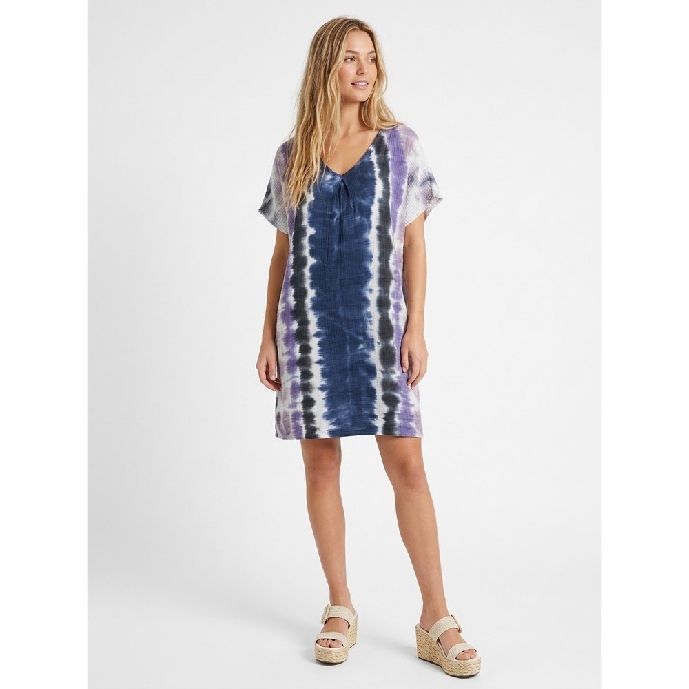 XCVI Blue Shibori Tie Dye Gauze Shift Tunic Dress V-Neck Cotton Midi Medium
